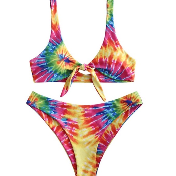 Zaful Tie Dye Bikini Swimsuit Rainbow Tie Front - Picture 1 of 4